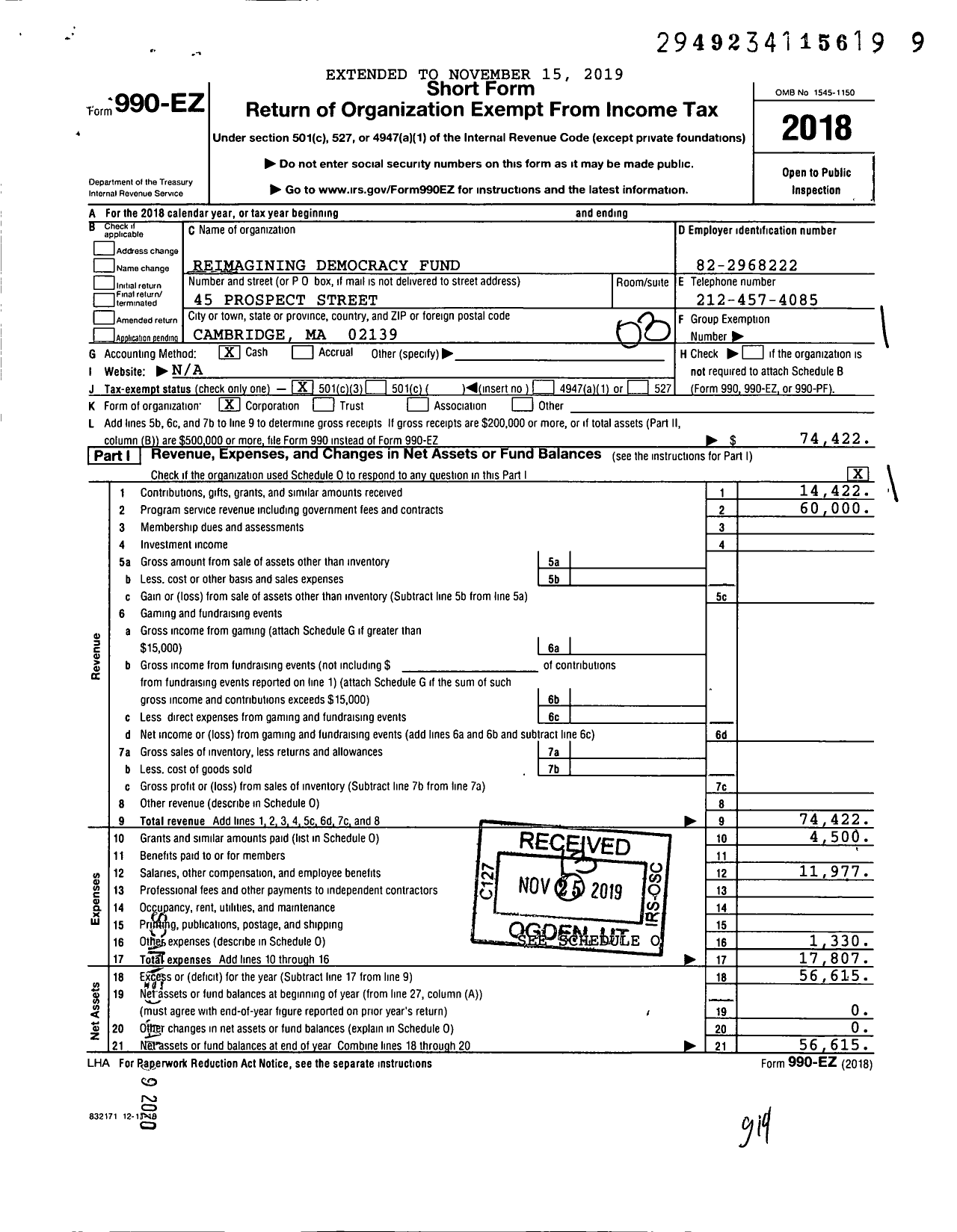 Image of first page of 2018 Form 990EZ for Reimagining Democracy Fund