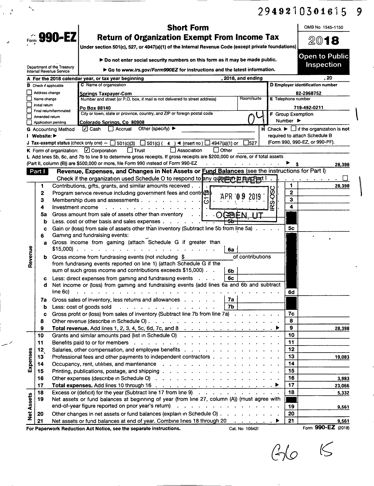 Image of first page of 2018 Form 990EO for Springs Taxpayerscom