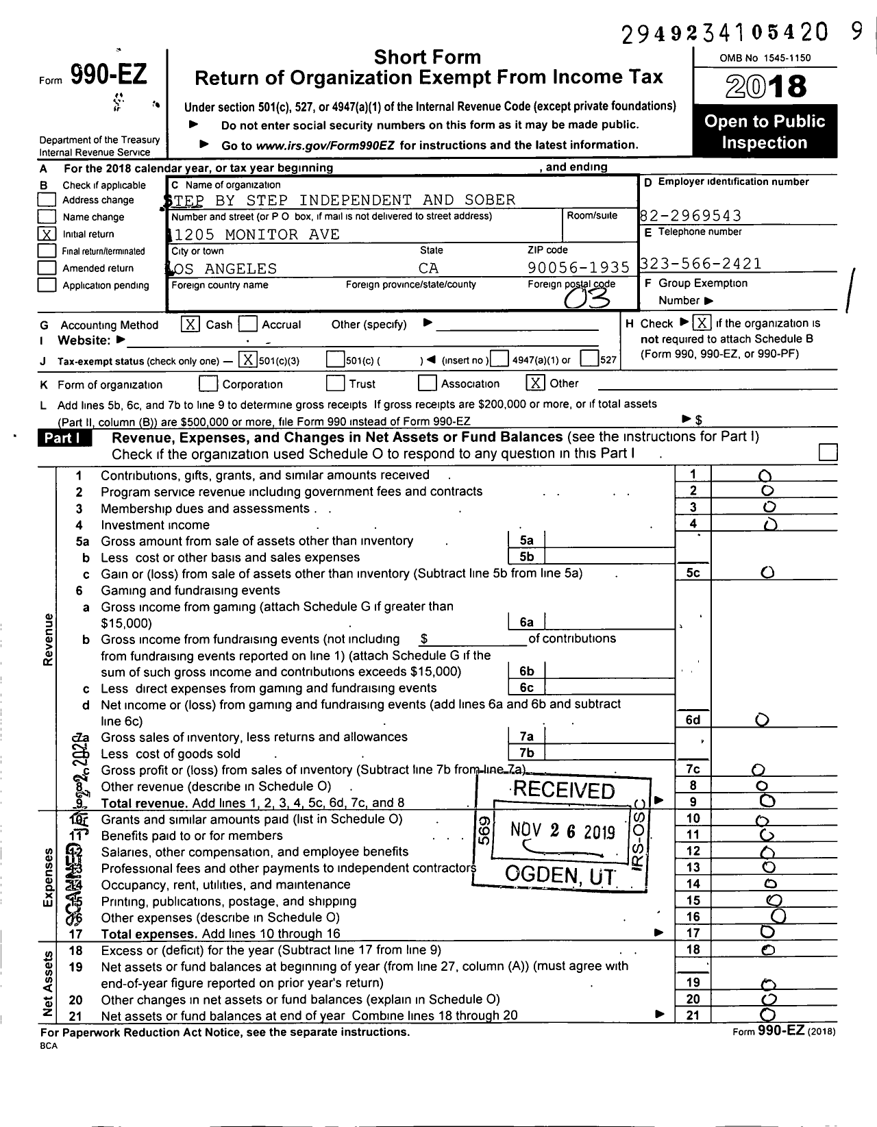 Image of first page of 2018 Form 990EZ for Step By Step Independent and Sober