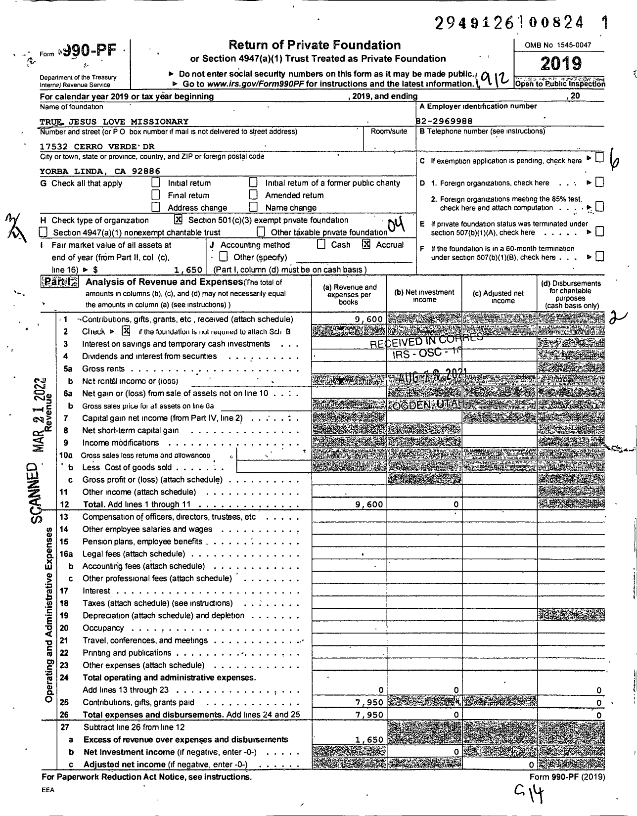 Image of first page of 2019 Form 990PF for True Jesus Love Missionary