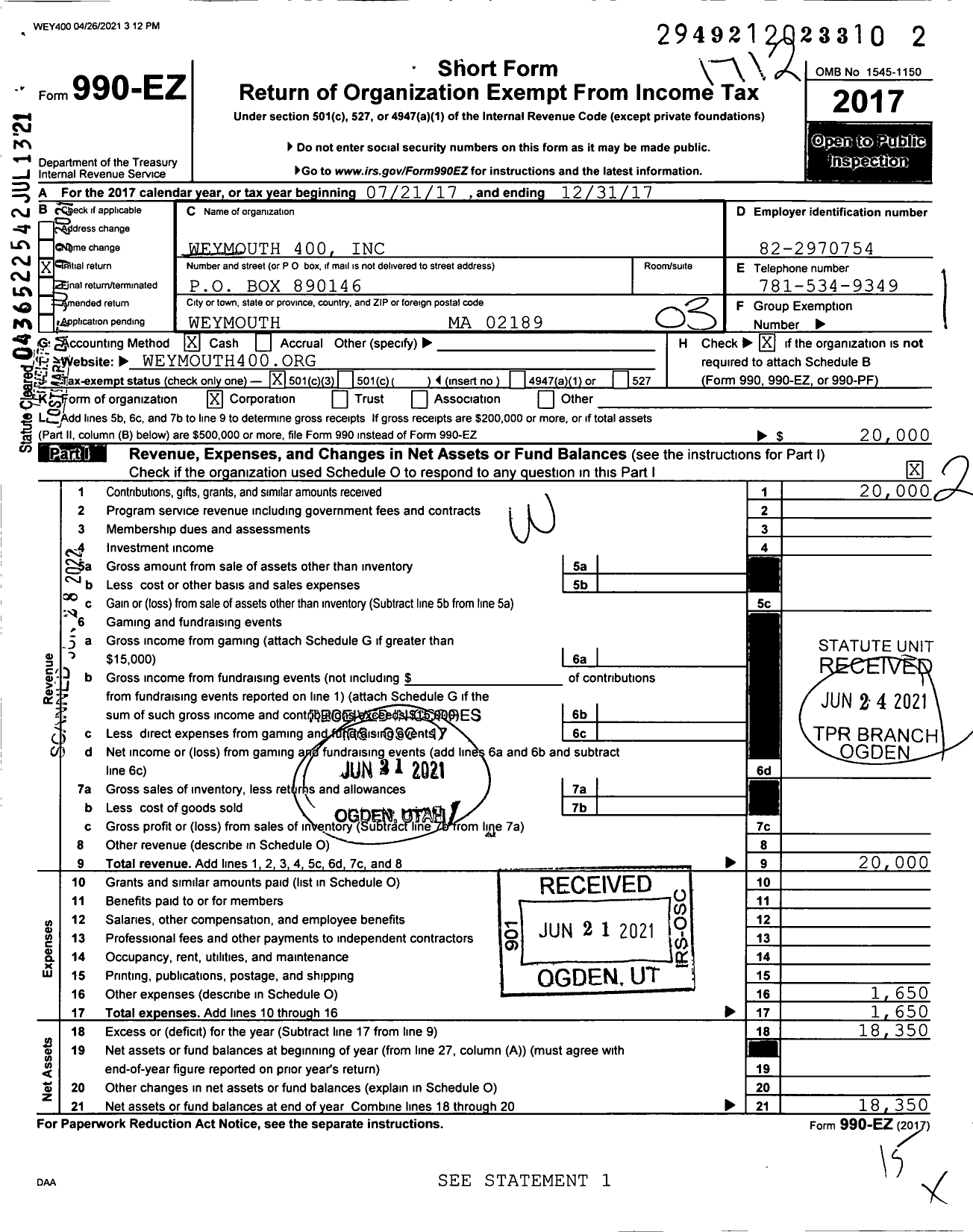 Image of first page of 2017 Form 990EZ for Weymouth 400