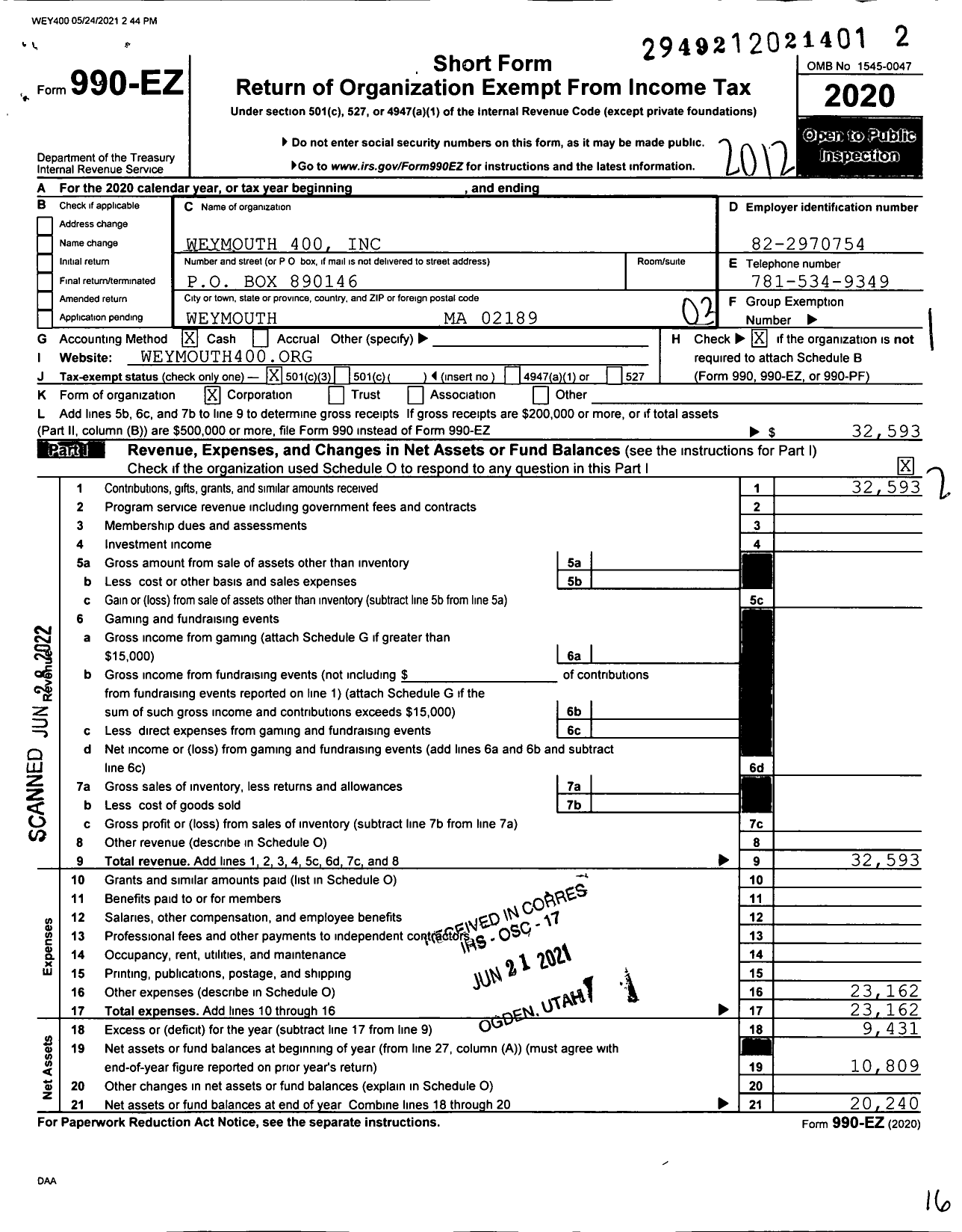 Image of first page of 2020 Form 990EZ for Weymouth 400