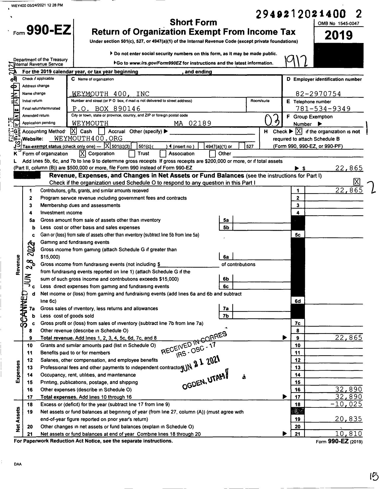 Image of first page of 2019 Form 990EZ for Weymouth 400