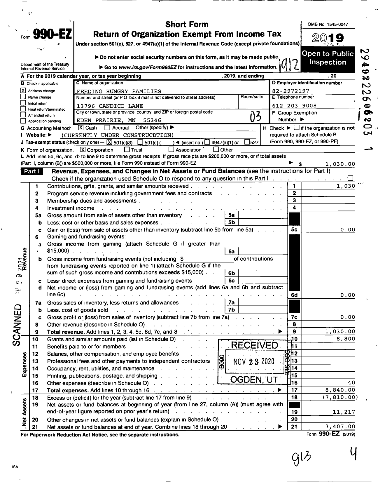 Image of first page of 2019 Form 990EZ for Feeding Hungry Families