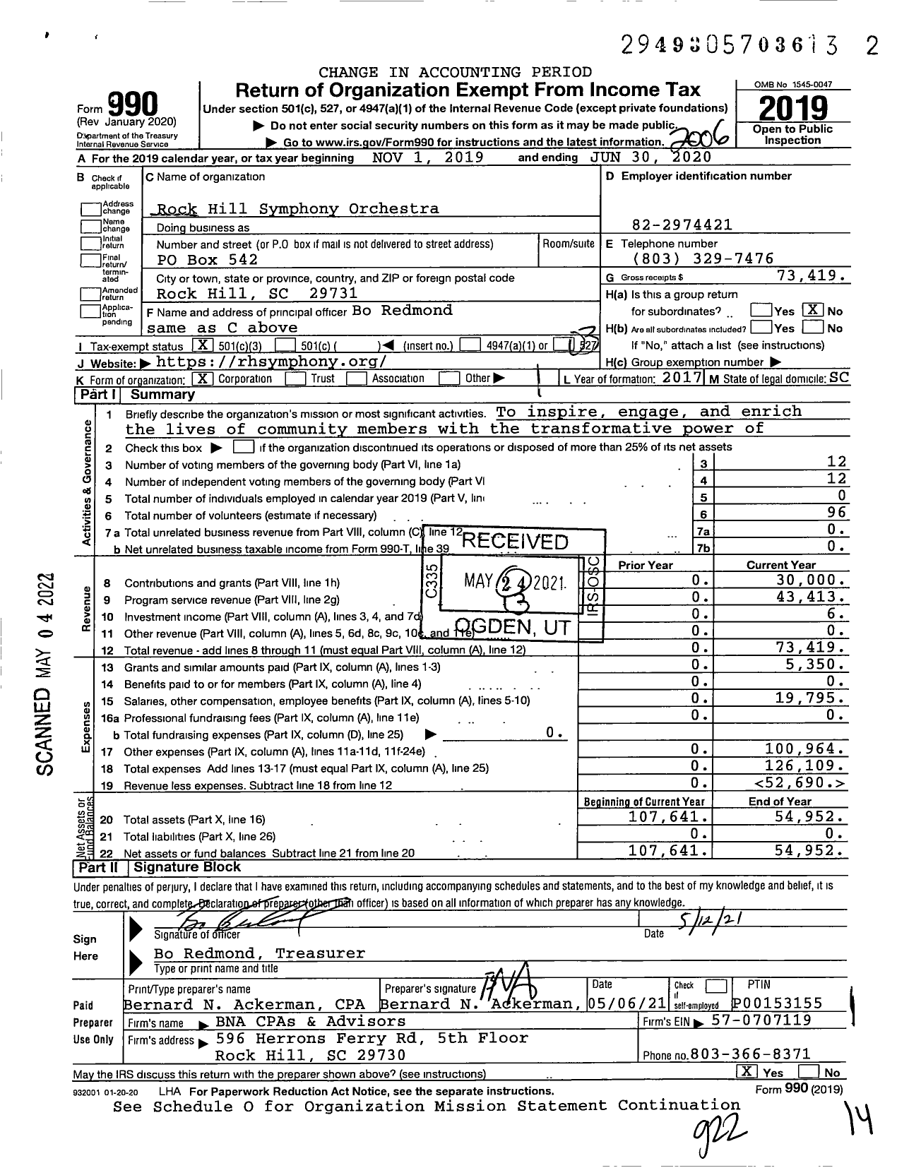 Image of first page of 2019 Form 990 for Rock Hill Symphony Orchestra