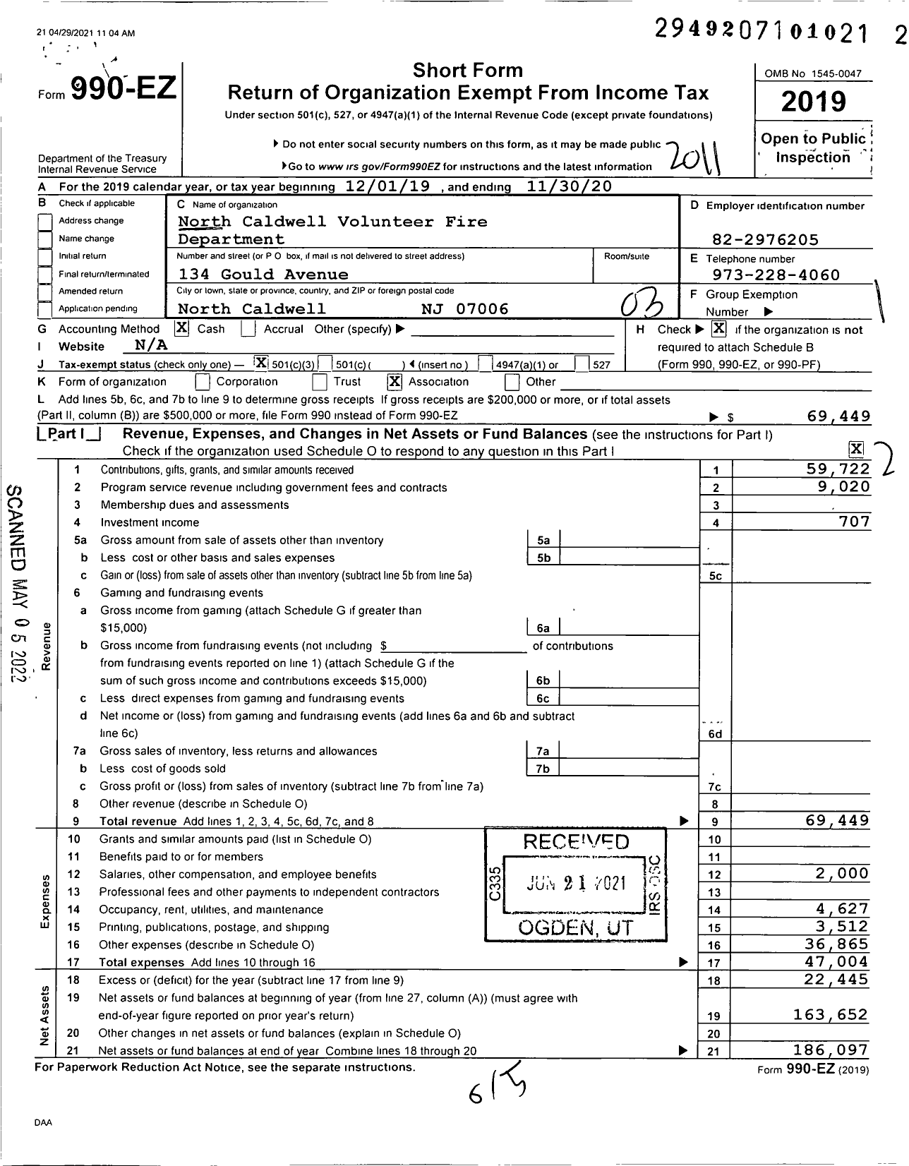 Image of first page of 2019 Form 990EZ for North Caldwell Volunteer Fire Department