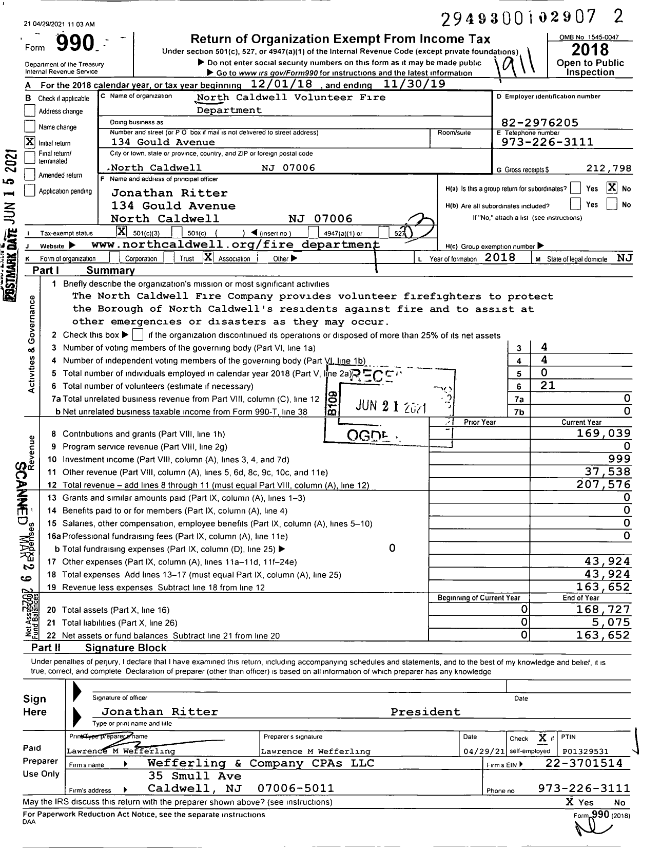 Image of first page of 2018 Form 990 for North Caldwell Volunteer Fire Department