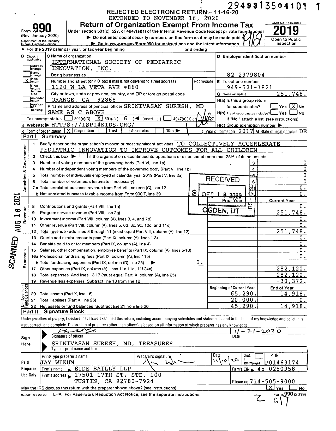 Image of first page of 2019 Form 990O for International Society for Pediatric Innovation