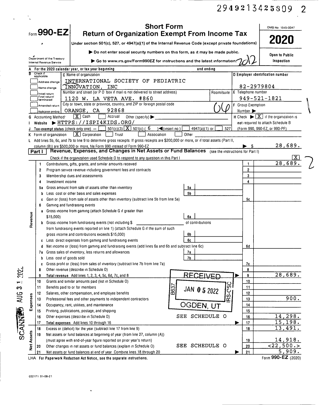 Image of first page of 2020 Form 990EO for International Society for Pediatric Innovation