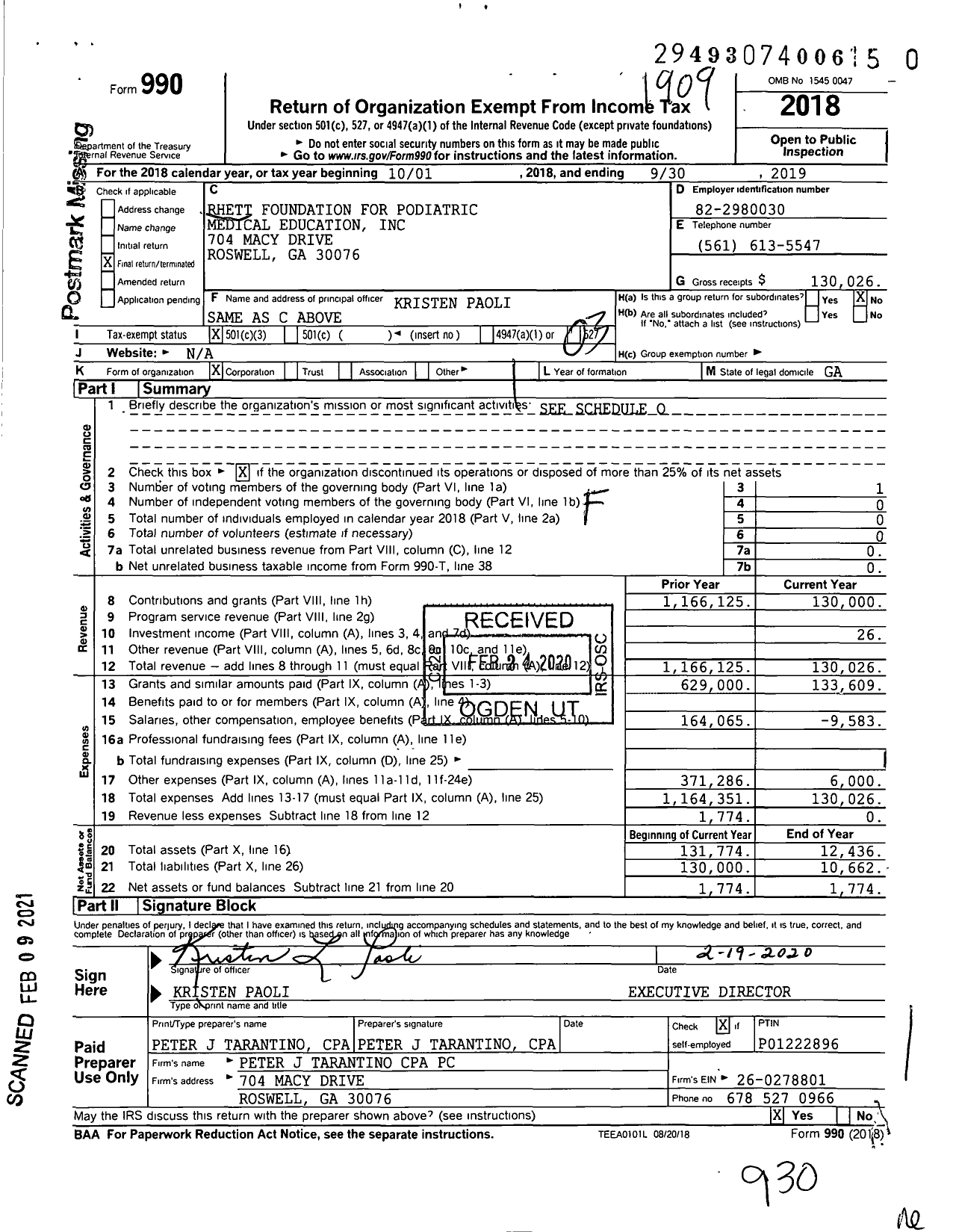 Image of first page of 2018 Form 990 for Rhett Foundation for Podiatric Medical Education