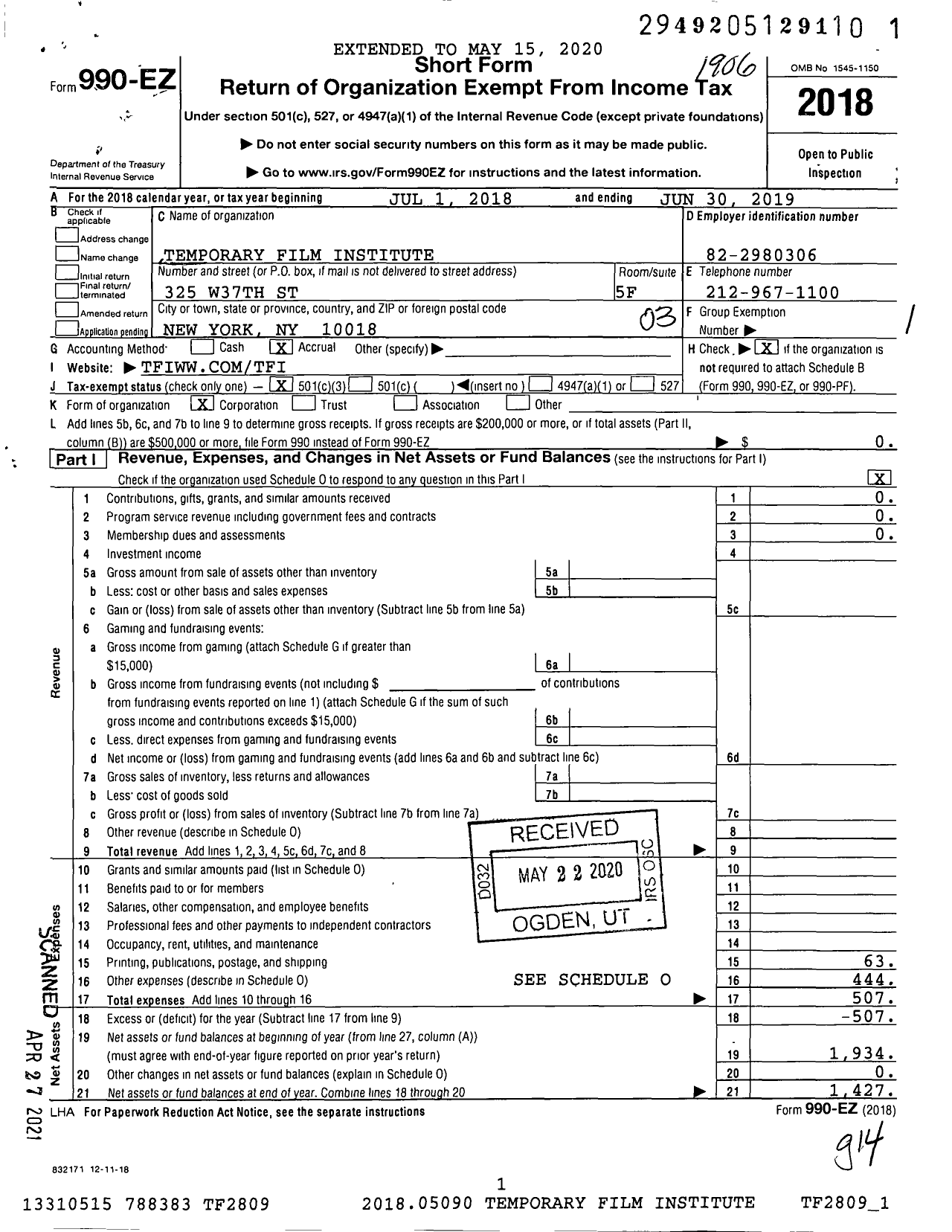 Image of first page of 2018 Form 990EZ for Temporary Film Institute