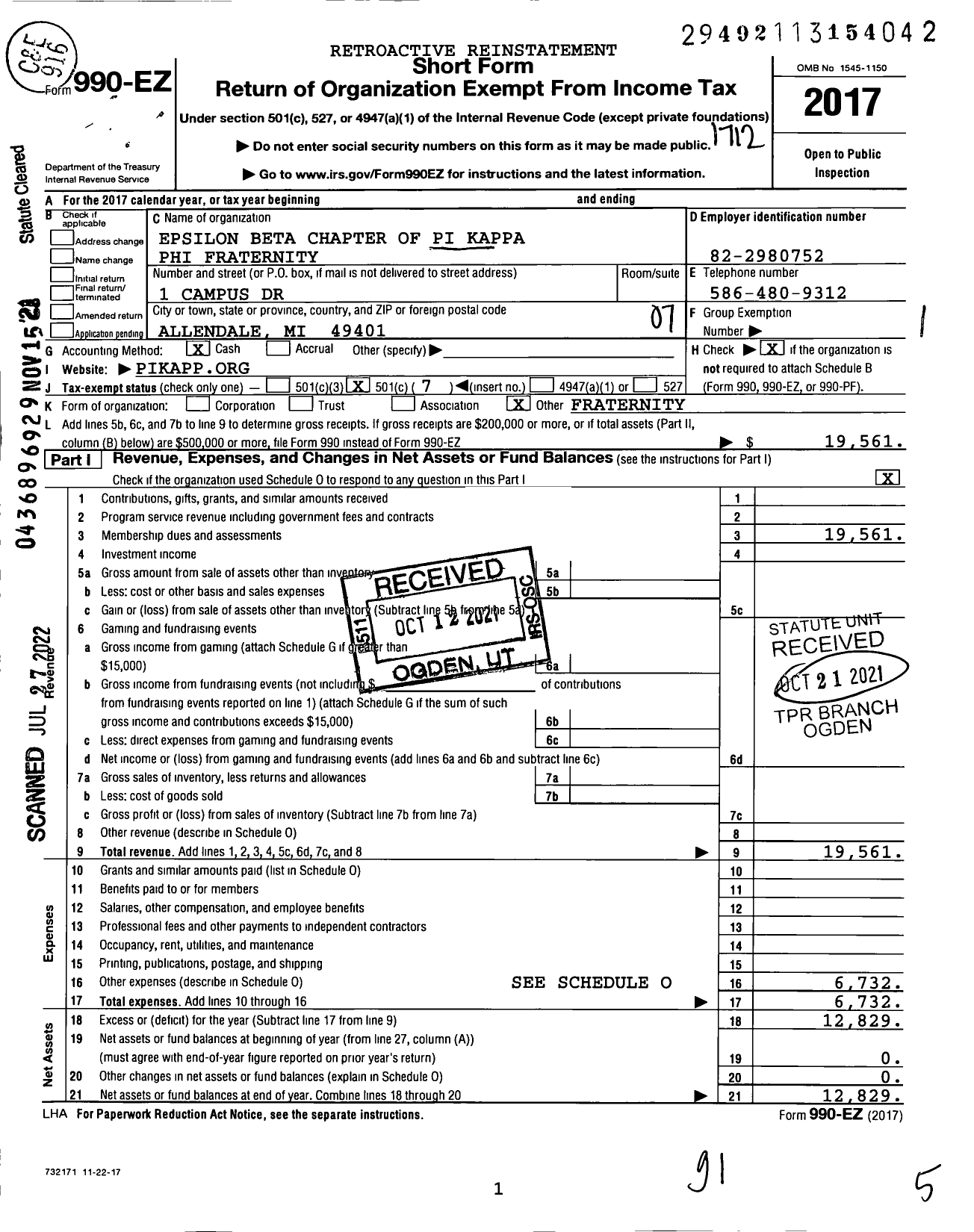 Image of first page of 2017 Form 990EO for Pi Kappa Phi Fraternity - Epsilon Beta Chapter