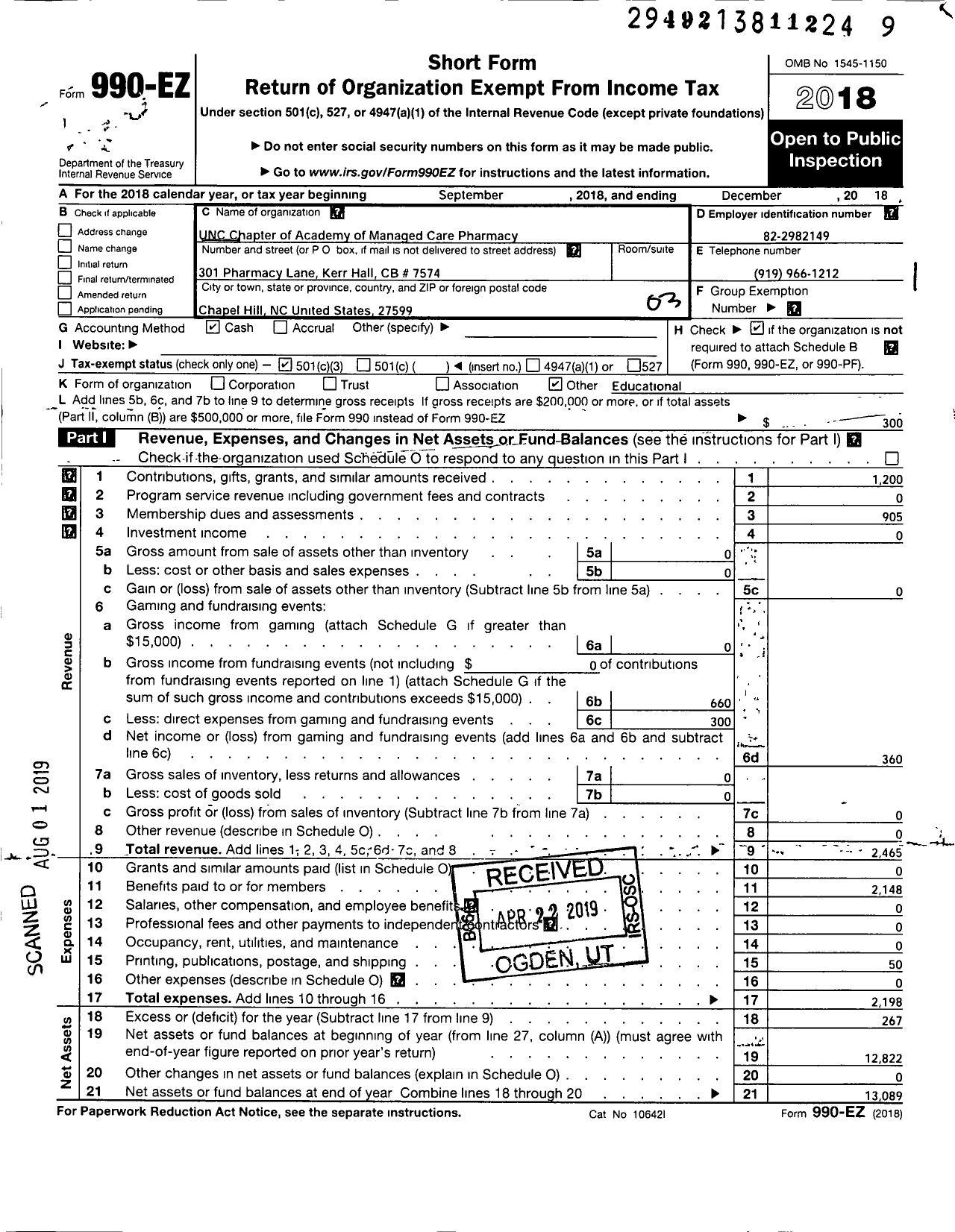 Image of first page of 2018 Form 990EZ for Unc Chapter of Academy of Managed Care Pharmacy