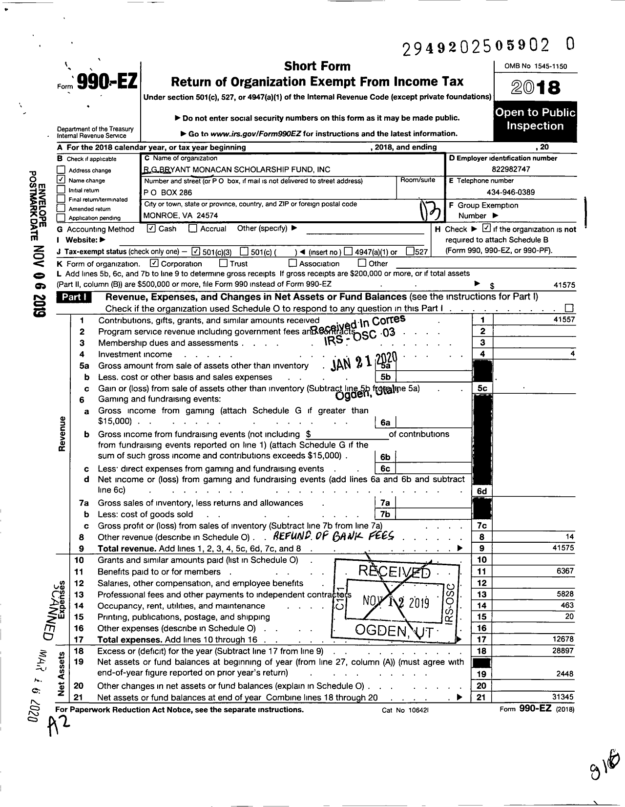 Image of first page of 2018 Form 990EZ for Monacan Scholarship Fund R G Bryant Monacan Scholarship Fund