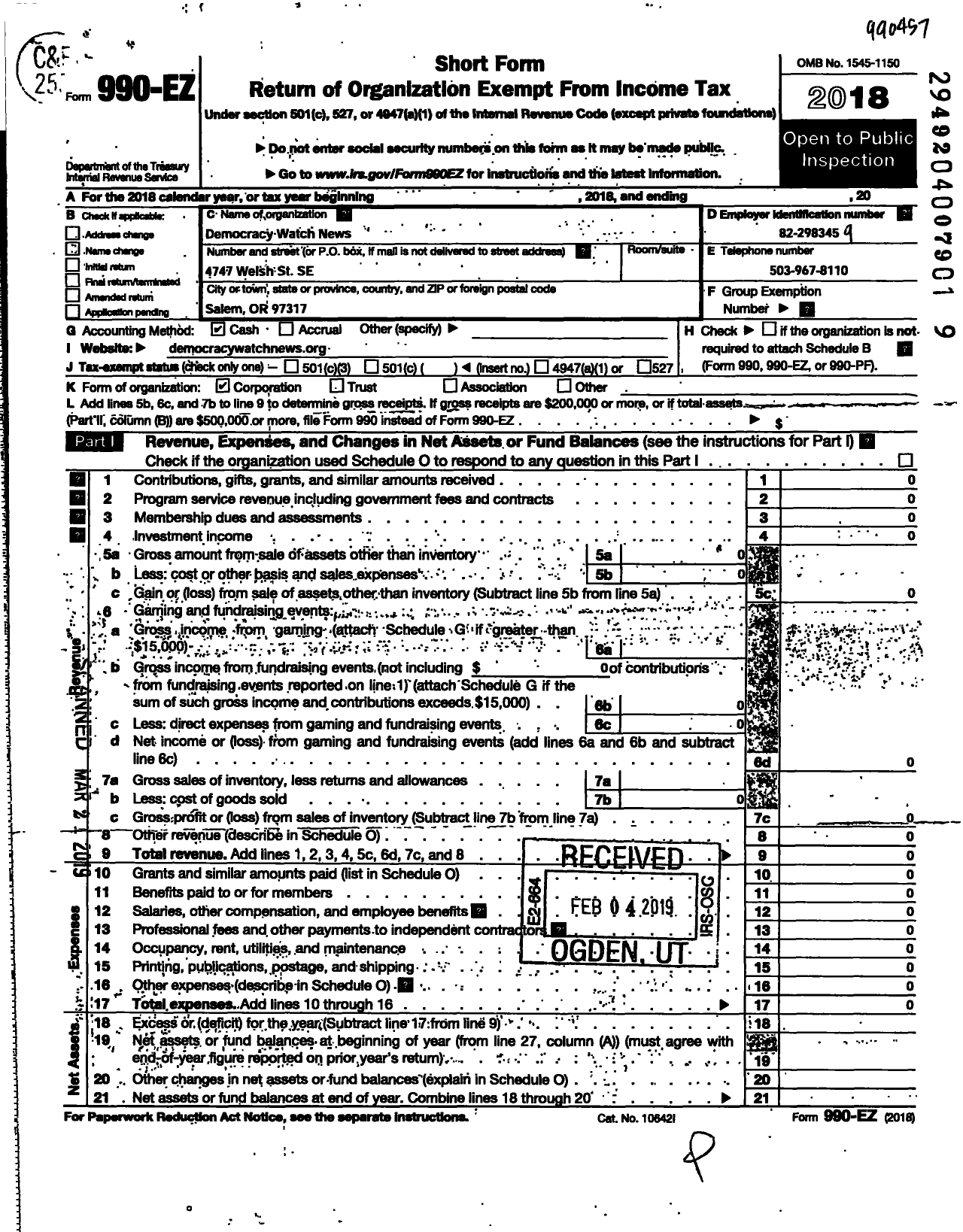 Image of first page of 2018 Form 990EO for Democracy Watch News