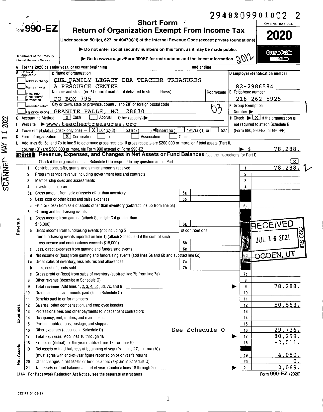 Image of first page of 2020 Form 990EZ for Teacher Treasures A Resource Center