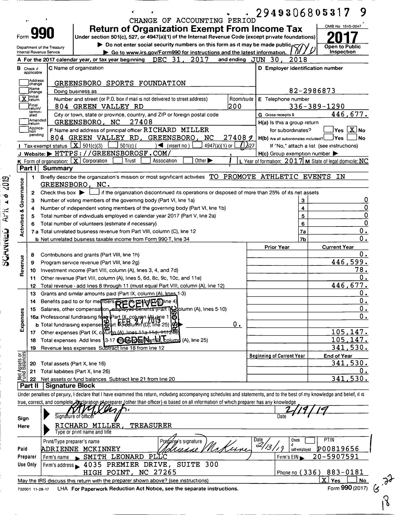 Image of first page of 2017 Form 990 for Greensboro Sports Foundation