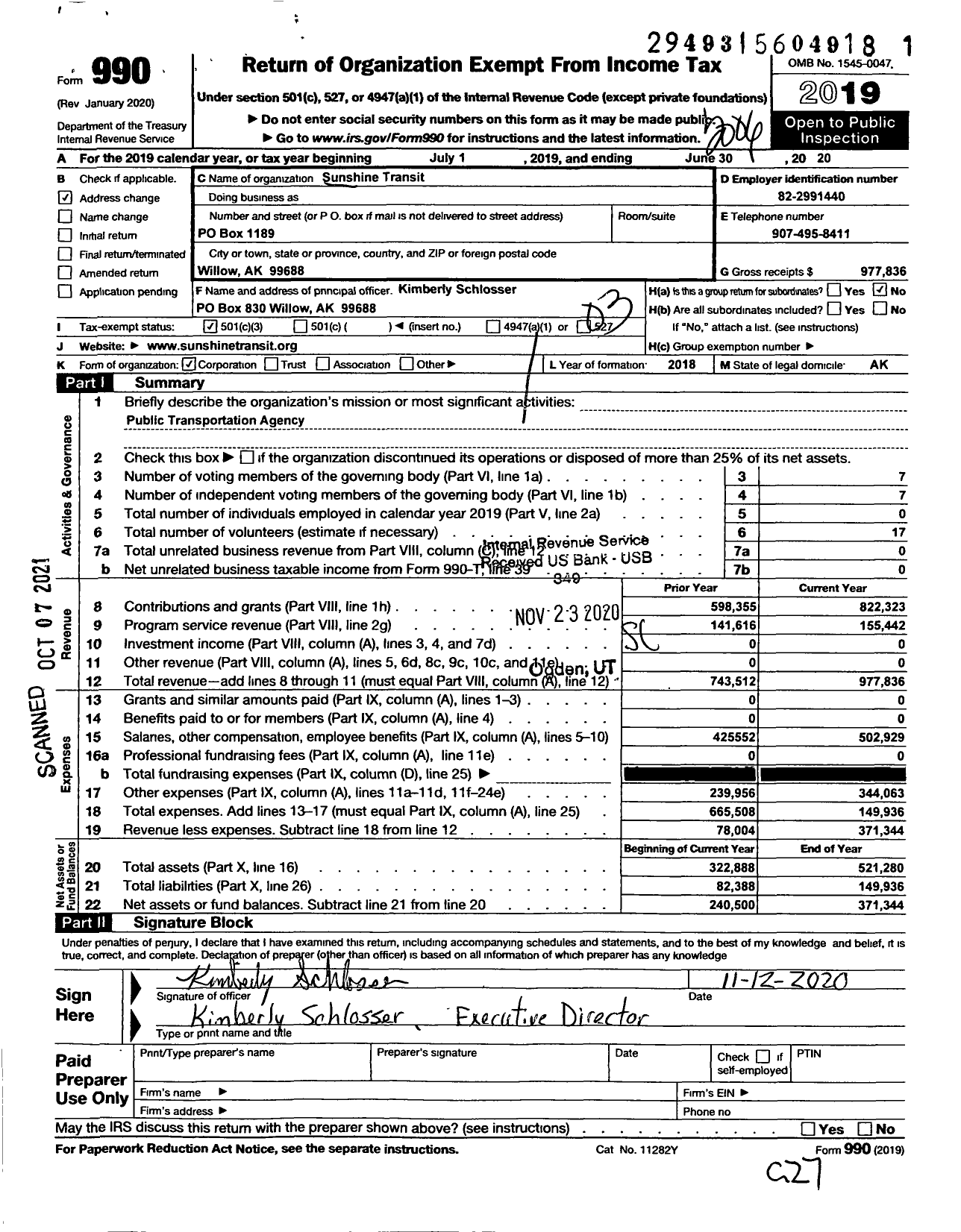 Image of first page of 2019 Form 990 for Sunshine Transit