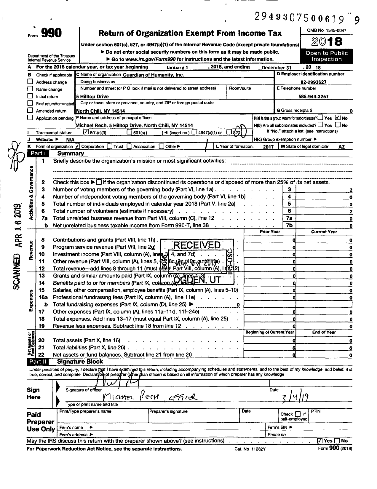 Image of first page of 2018 Form 990O for Guardian of Humanity