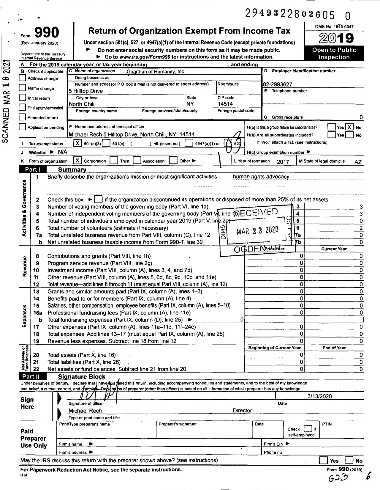 Image of first page of 2019 Form 990 for Guardian of Humanity