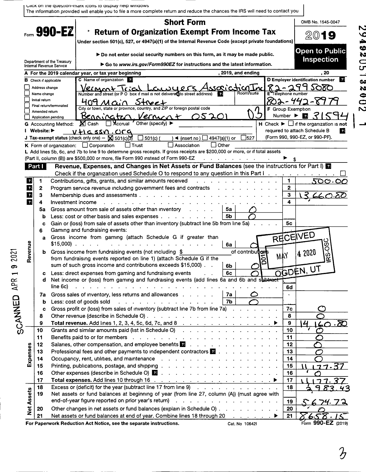 Image of first page of 2019 Form 990EZ for Vermont Trial Lawyers Association