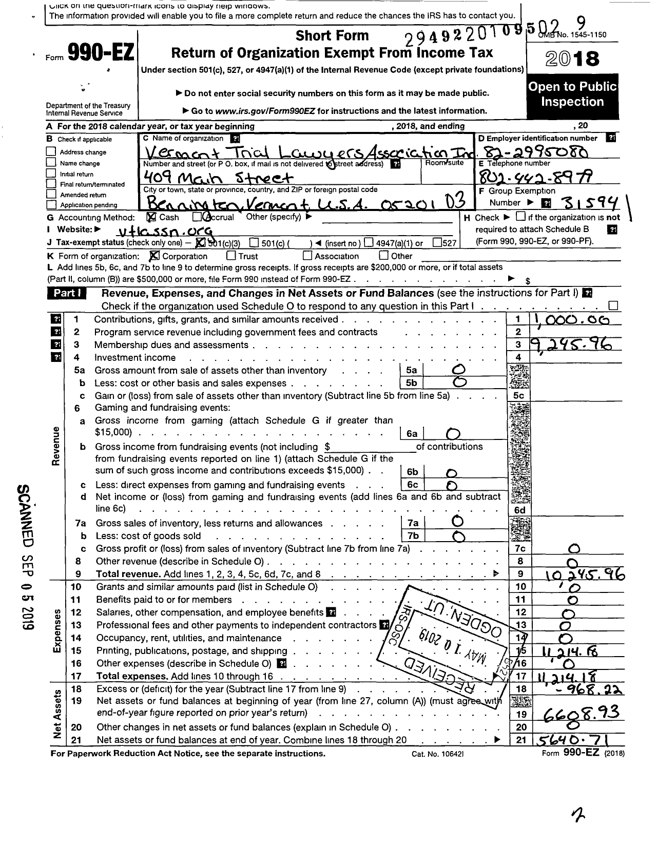 Image of first page of 2018 Form 990EZ for Vermont Trial Lawyers Association