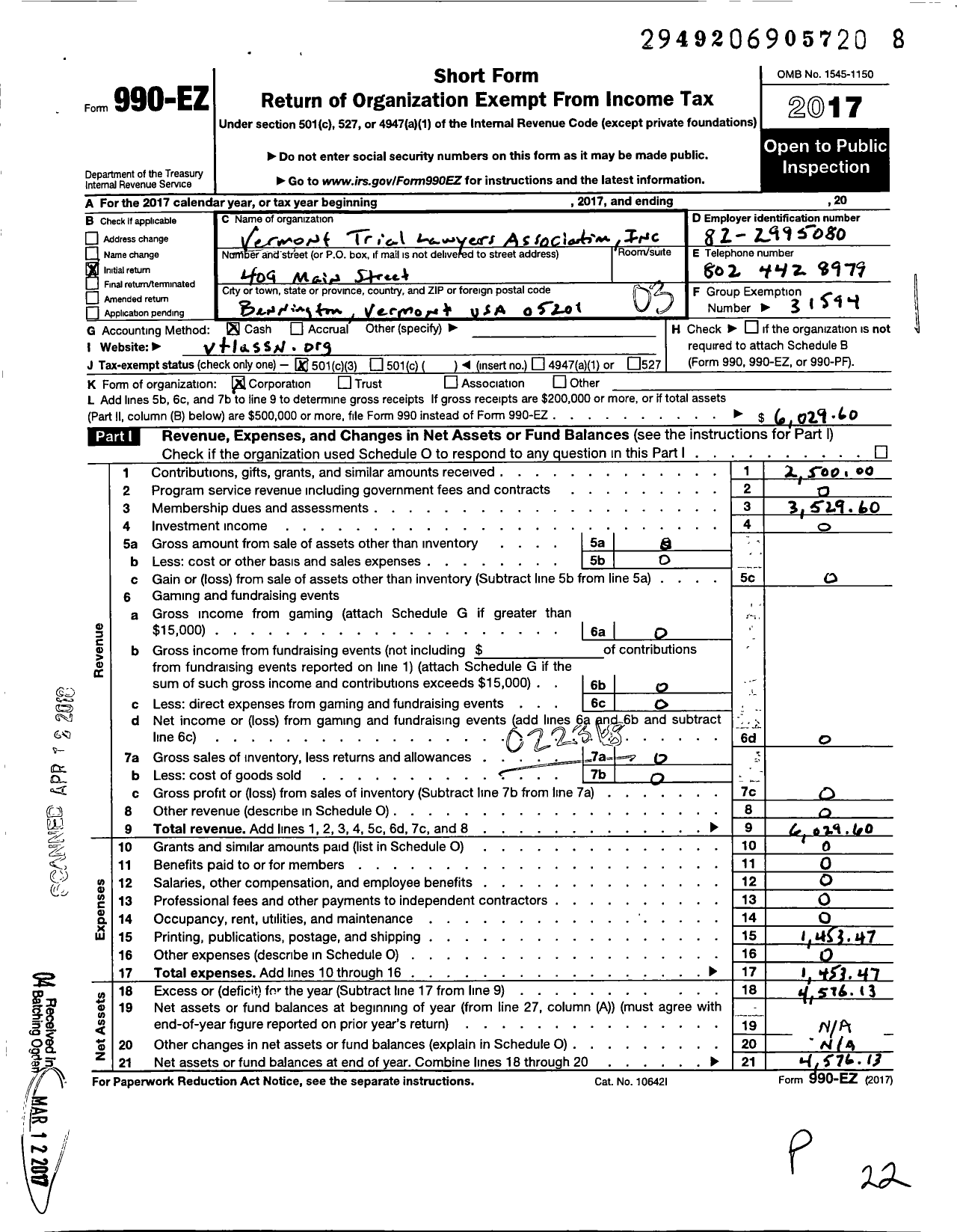 Image of first page of 2017 Form 990EZ for Vermont Trial Lawyers Association