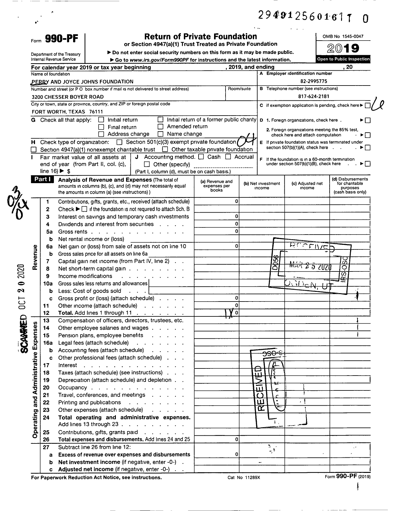 Image of first page of 2019 Form 990PR for Perry and Joyce Johns Foundation