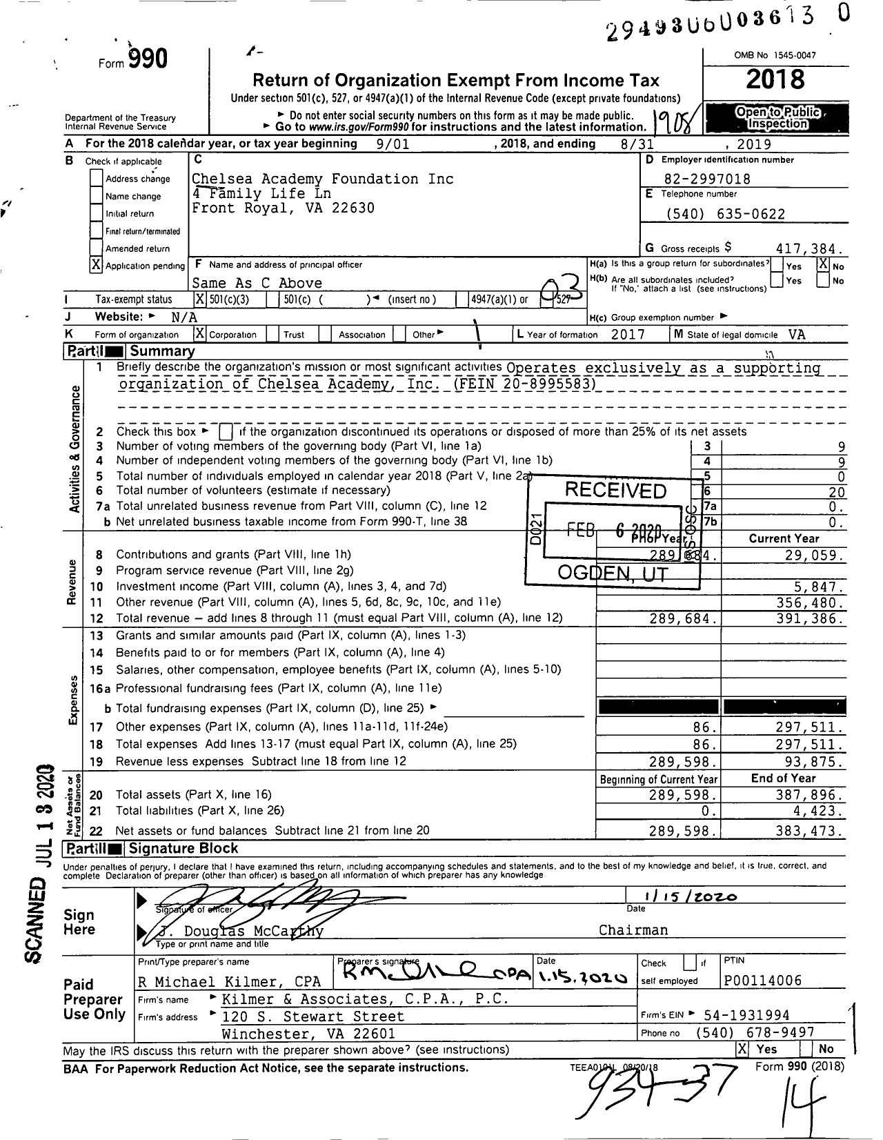 Image of first page of 2018 Form 990 for Chelsea Academy Foundation