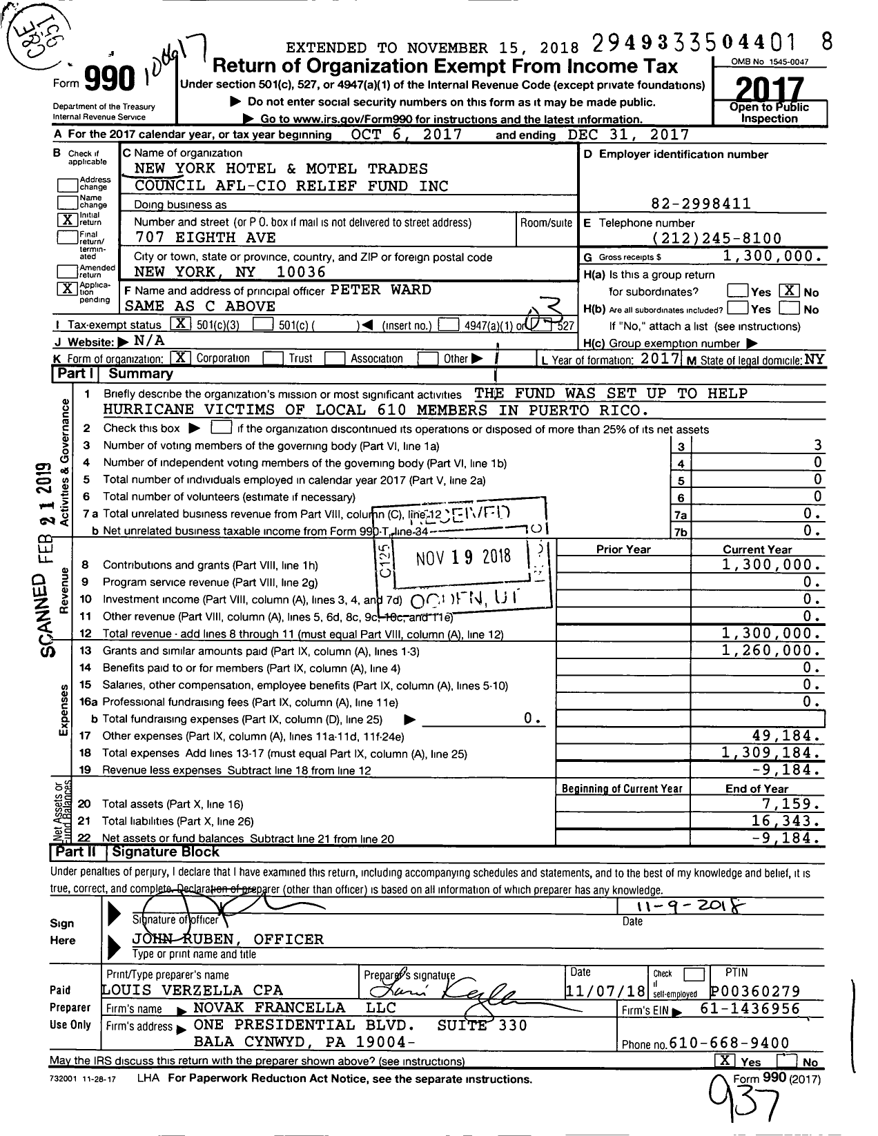 Image of first page of 2017 Form 990 for New York Hotel and Motel Trades Council AFL-CIO Relief Fund