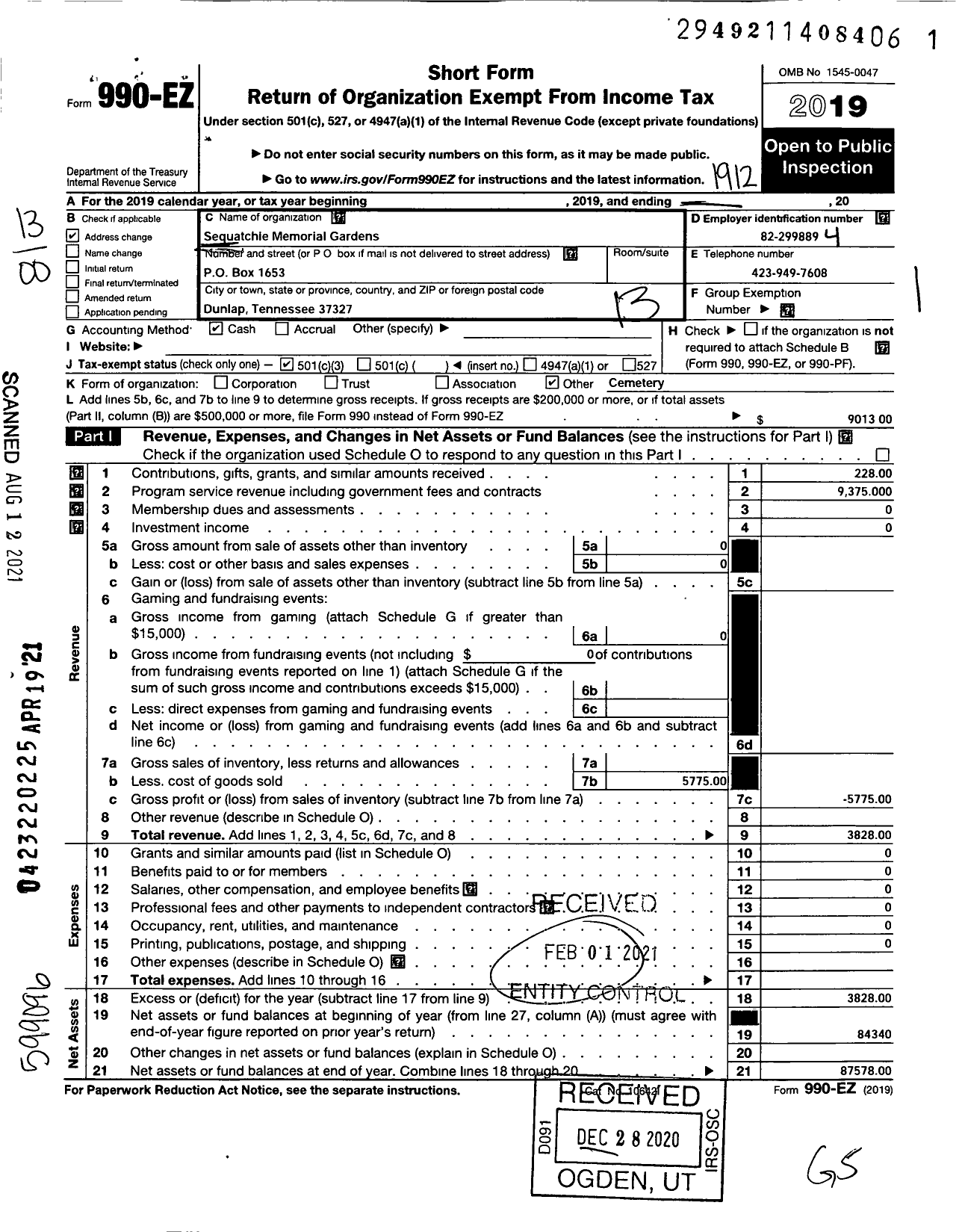 Image of first page of 2019 Form 990EO for Sequatchie Memorial Gardens Community Cemetery