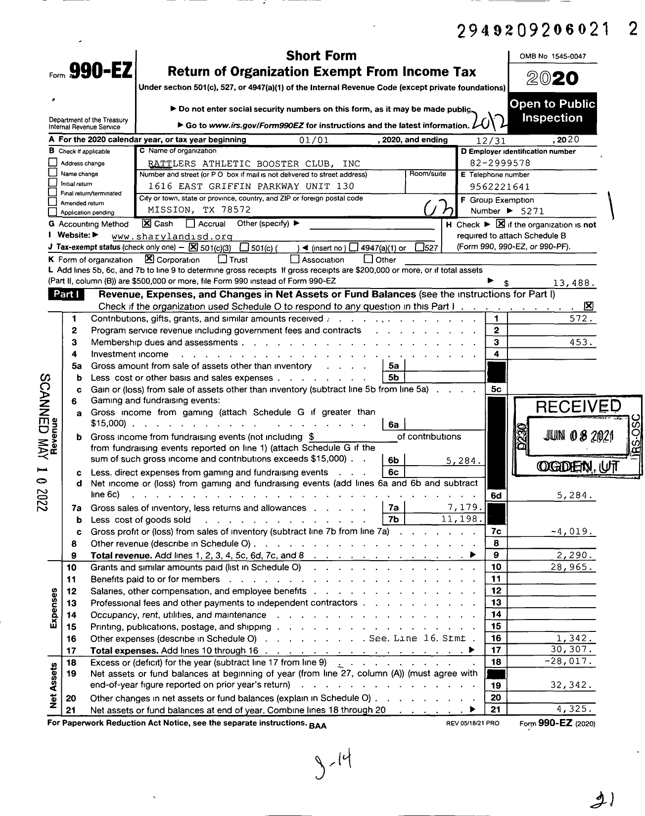 Image of first page of 2020 Form 990EZ for Rattlers Athletic Booster Club