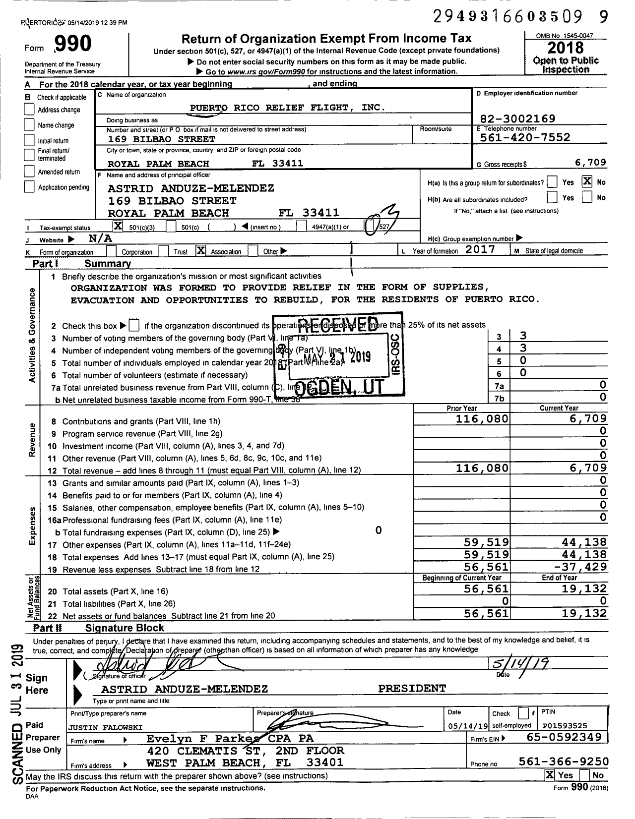 Image of first page of 2018 Form 990 for Puerto Rico Relief Flight