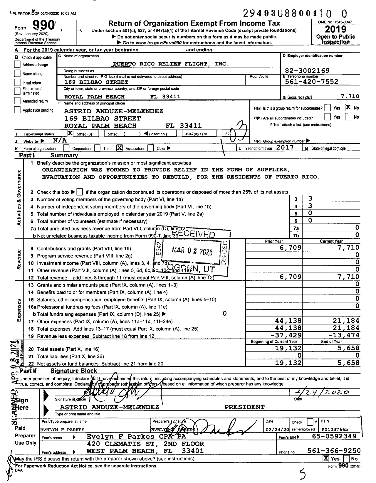 Image of first page of 2019 Form 990 for Puerto Rico Relief Flight