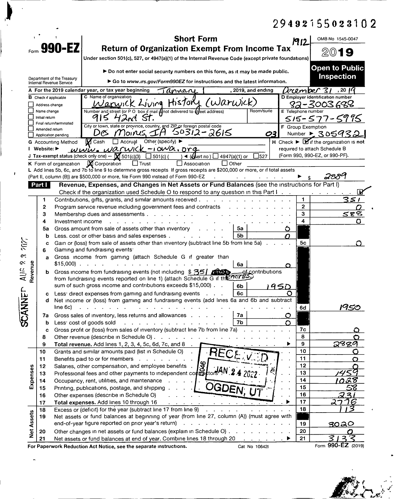 Image of first page of 2019 Form 990EZ for Warwick Living History