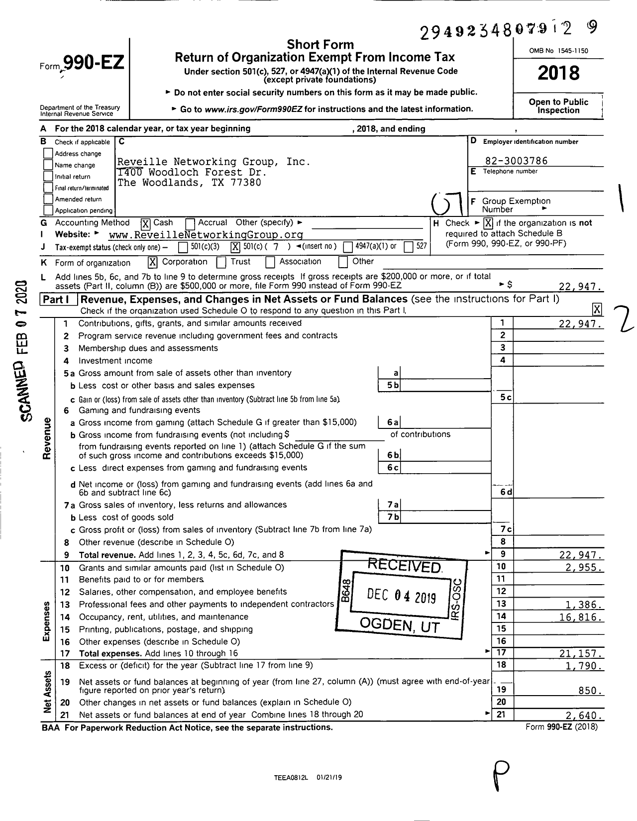 Image of first page of 2018 Form 990EO for Reveille Networking Group