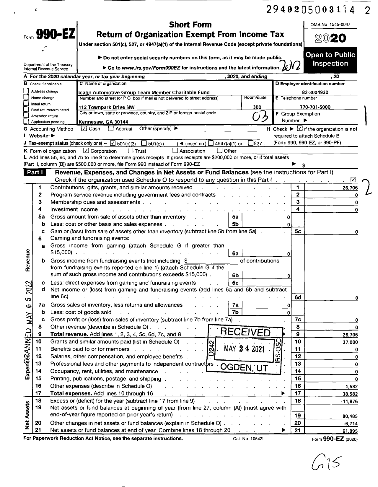 Image of first page of 2020 Form 990EZ for Icahn Automotive Group Team Member Charitable Fund