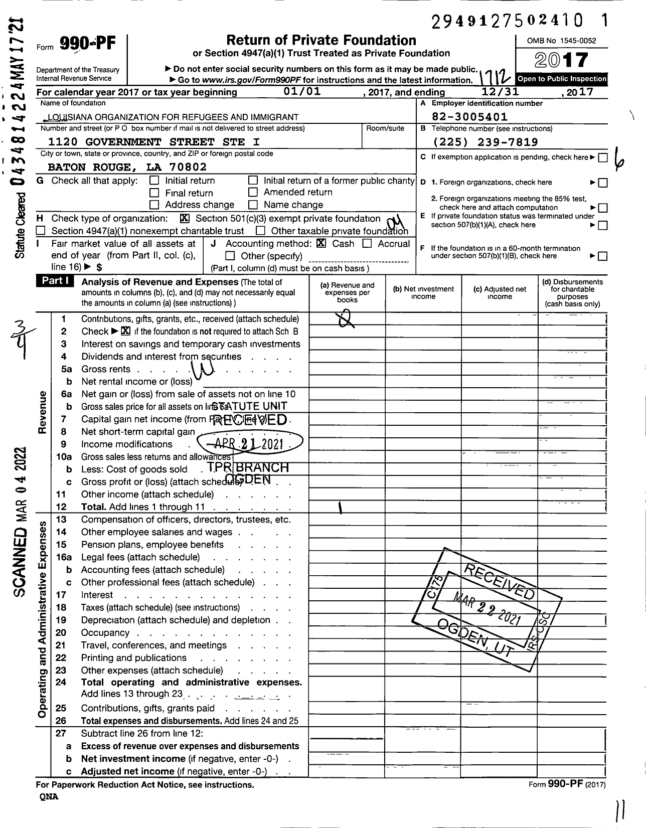 Image of first page of 2017 Form 990PF for Louisiana Organization for Refugees and Immigrants