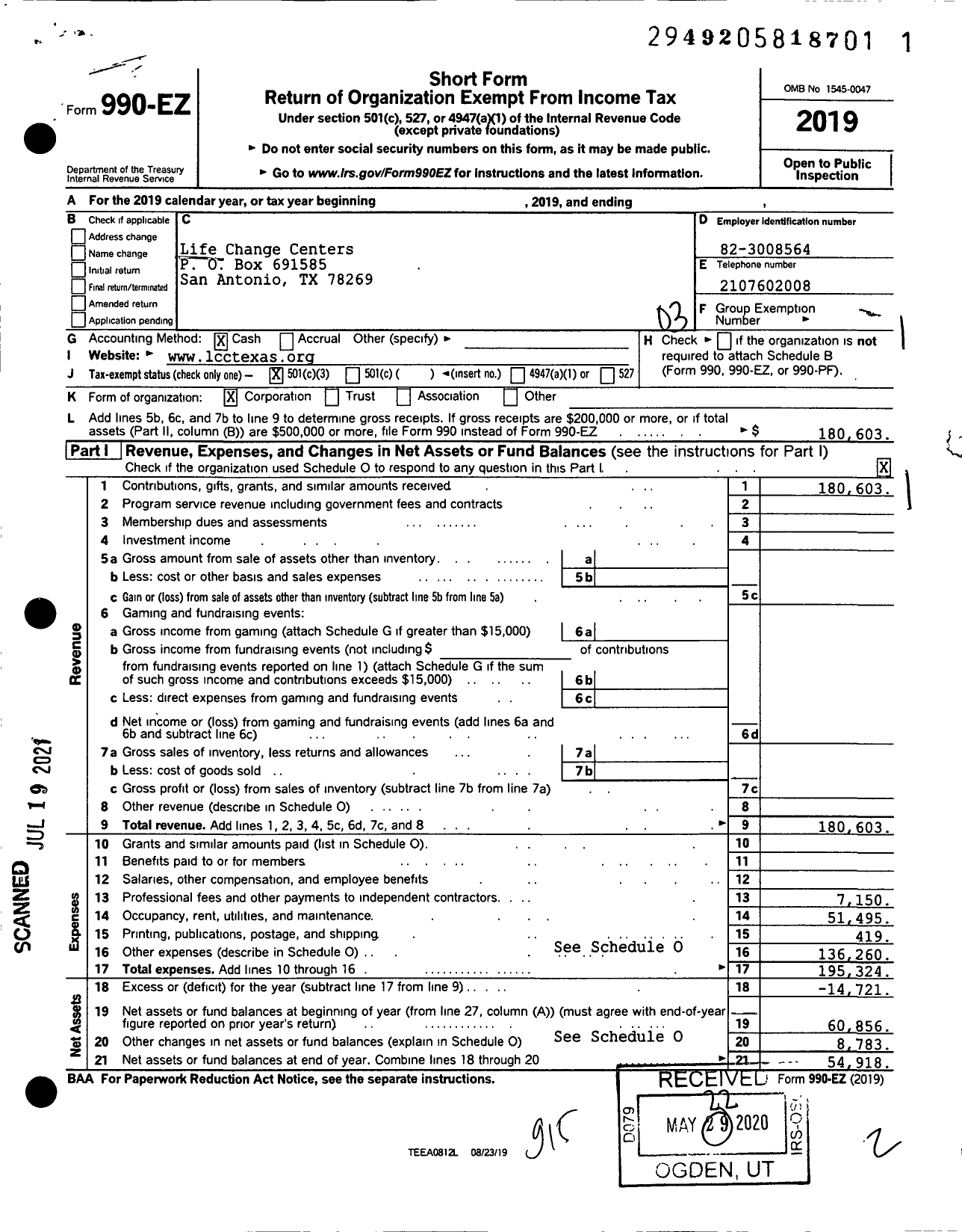 Image of first page of 2019 Form 990EZ for Life Change Centers