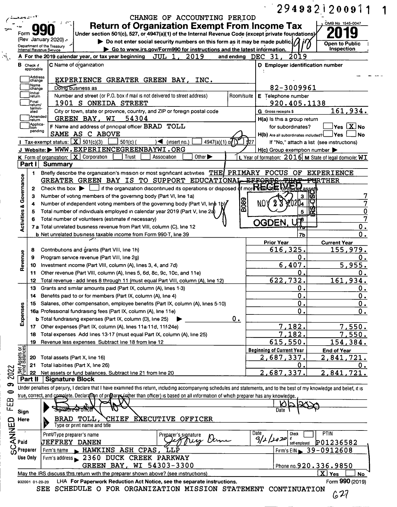 Image of first page of 2019 Form 990 for Experience Greater Green Bay