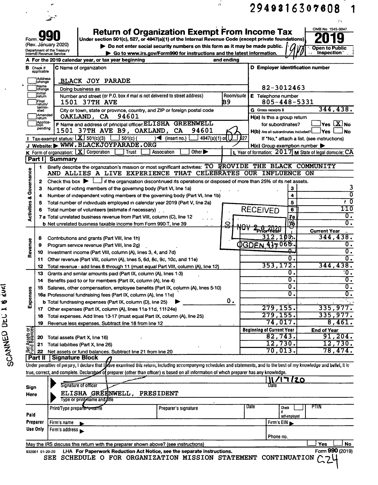 Image of first page of 2019 Form 990 for Black Joy Parade