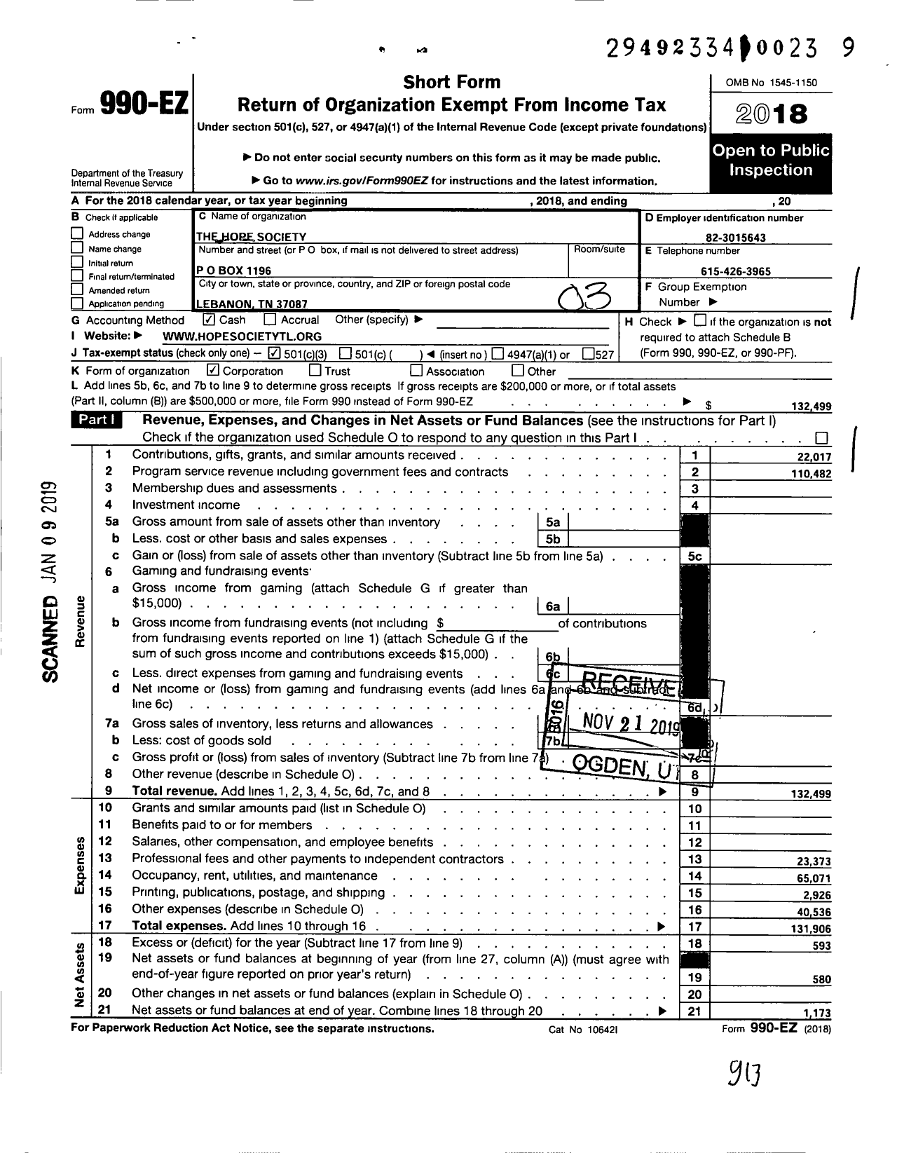 Image of first page of 2018 Form 990EZ for The Hope Society