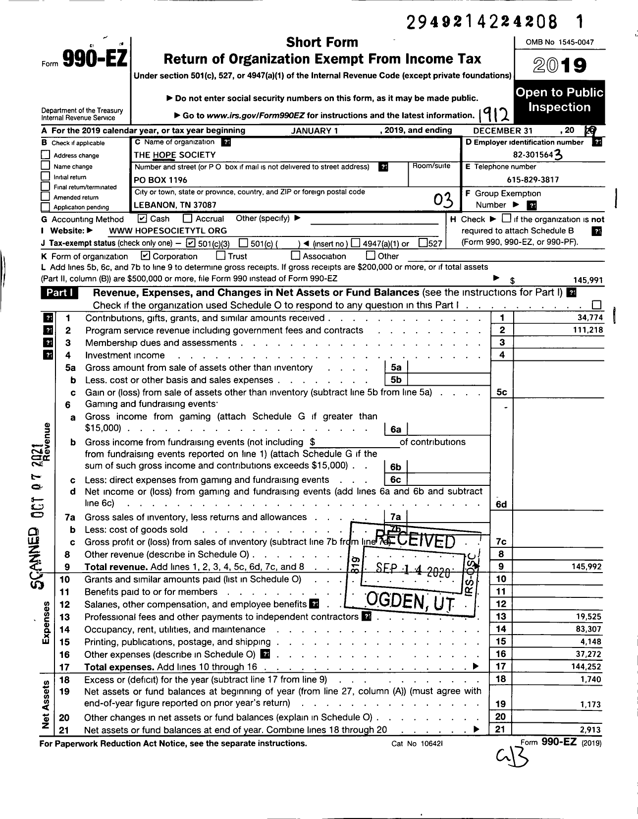 Image of first page of 2019 Form 990EZ for The Hope Society