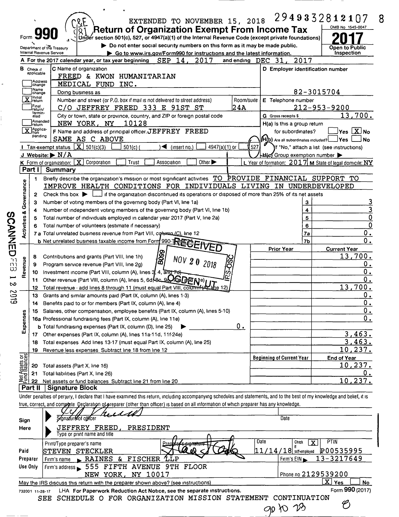 Image of first page of 2017 Form 990 for Freed and Kwon Humanitarian Medical Fund