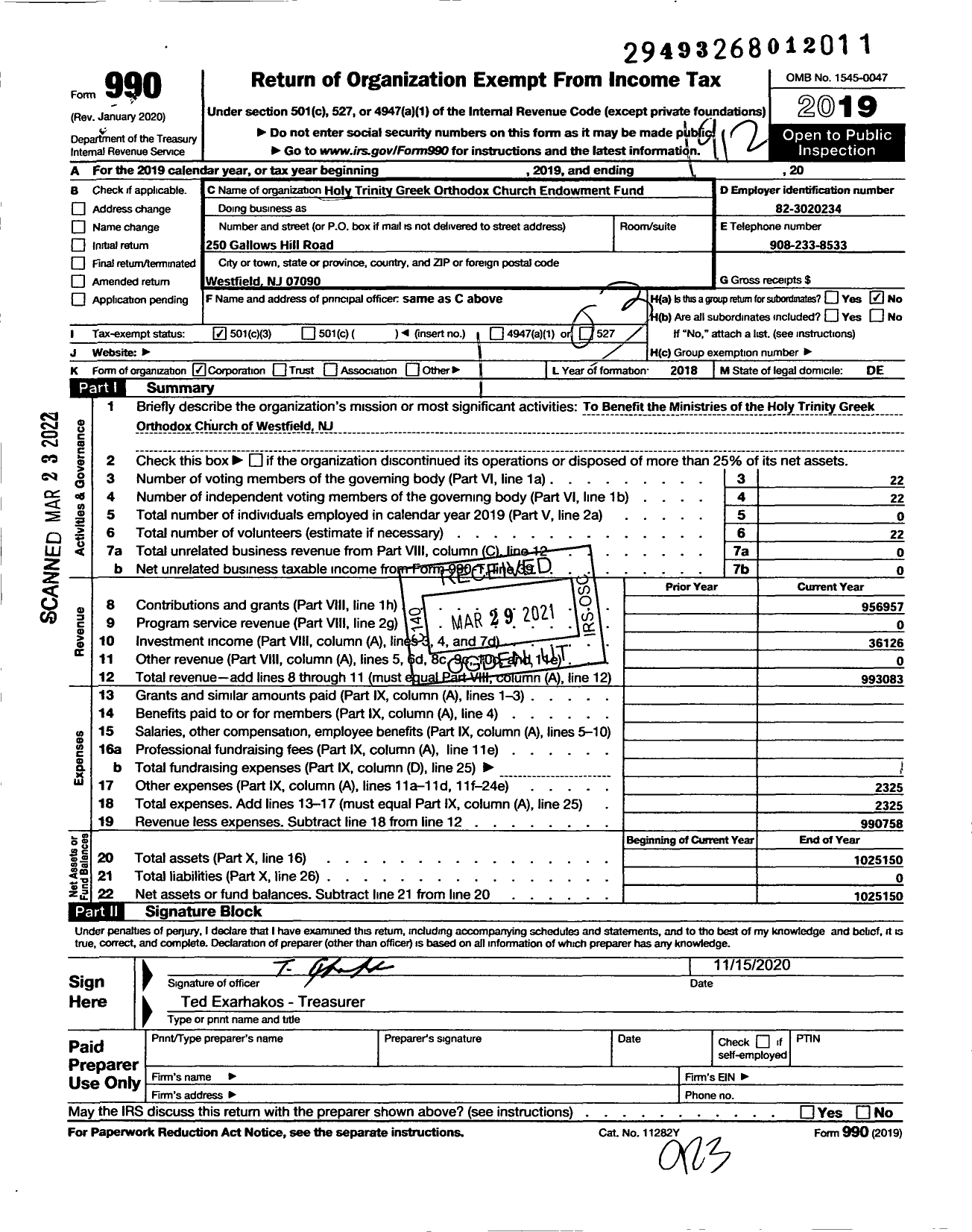 Image of first page of 2019 Form 990 for Holy Trinity Greek Orthodox Church Endowment Fund