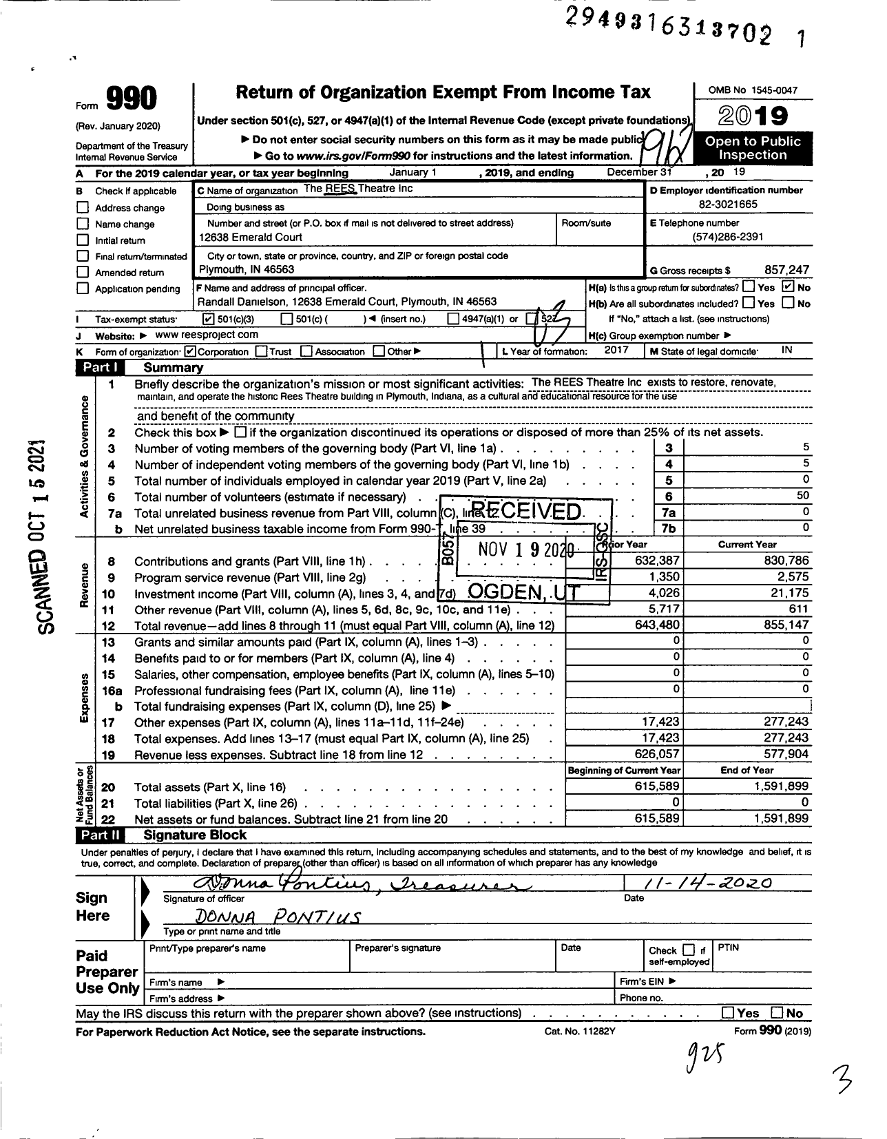 Image of first page of 2019 Form 990 for The Rees Theatre