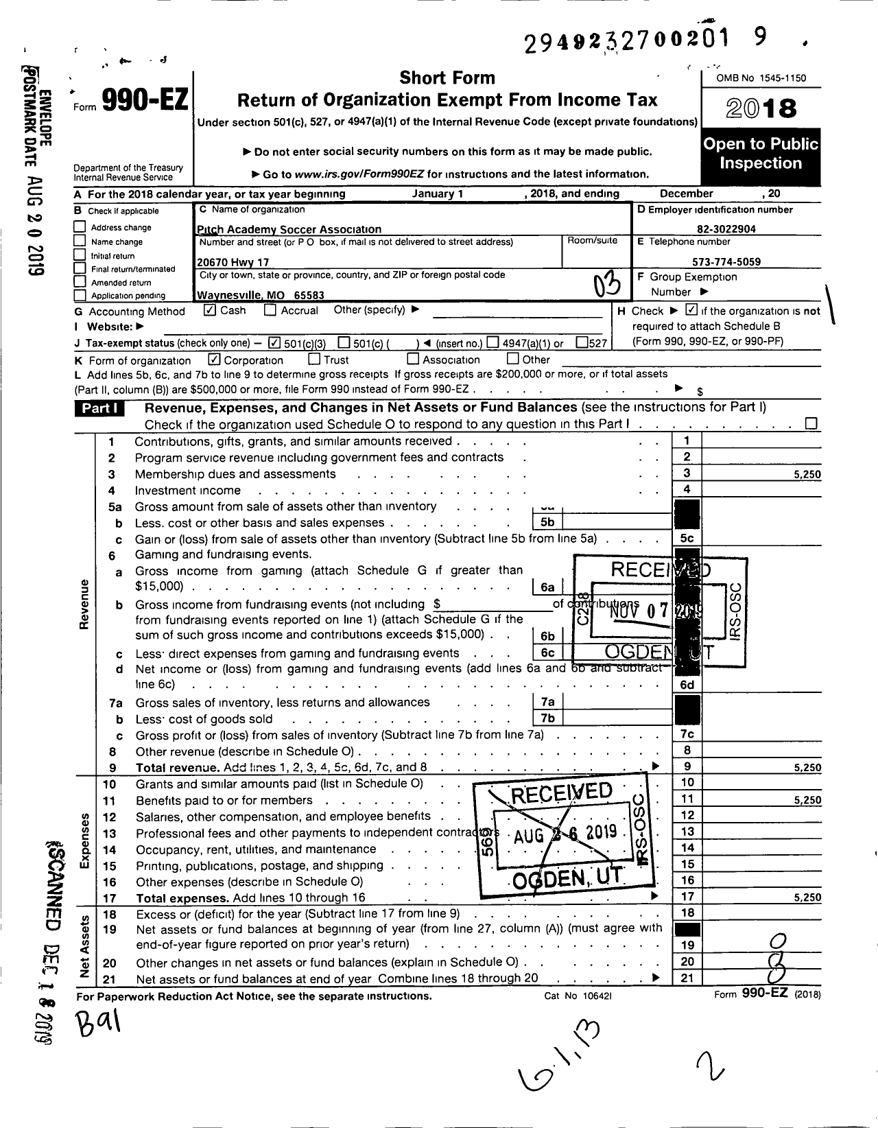 Image of first page of 2018 Form 990EZ for Pitch Academy Soccer Association