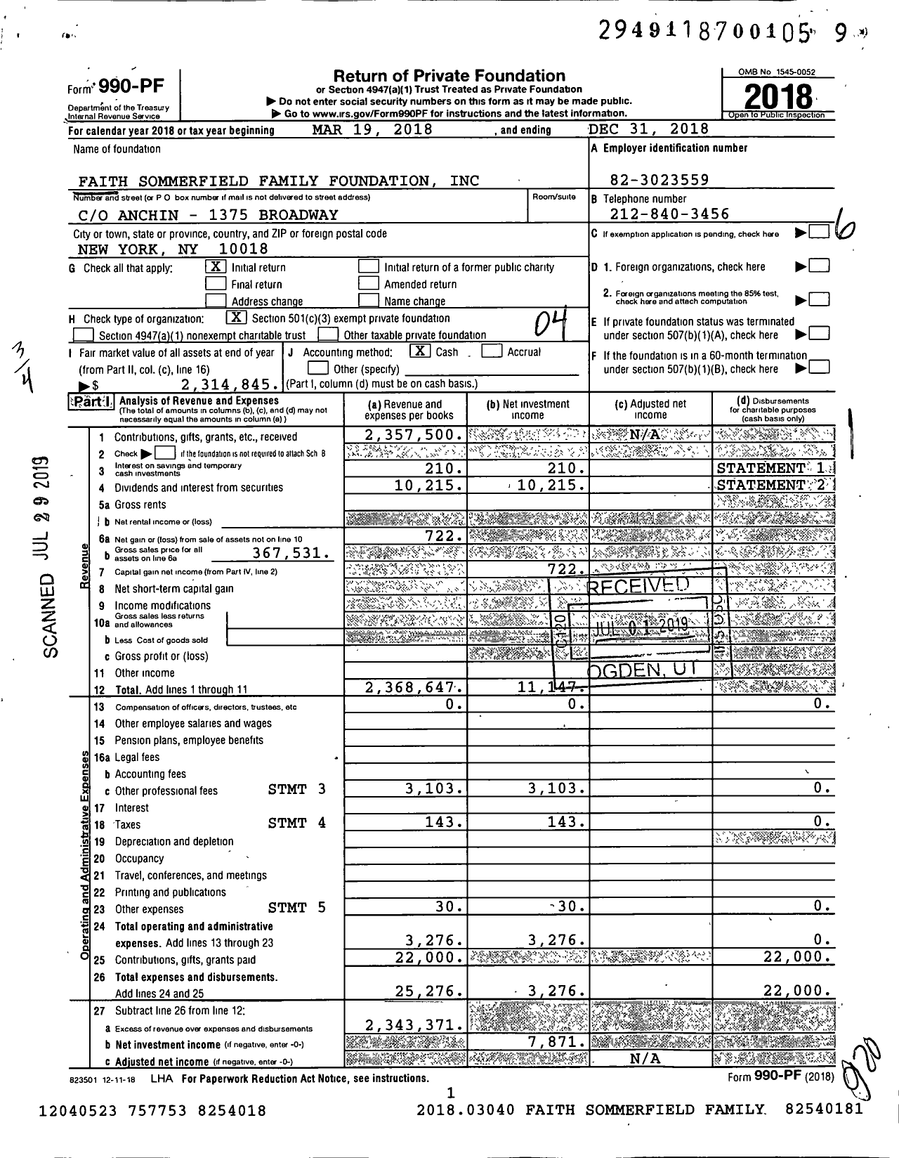 Image of first page of 2018 Form 990PF for Faith Sommerfield Family Foundation