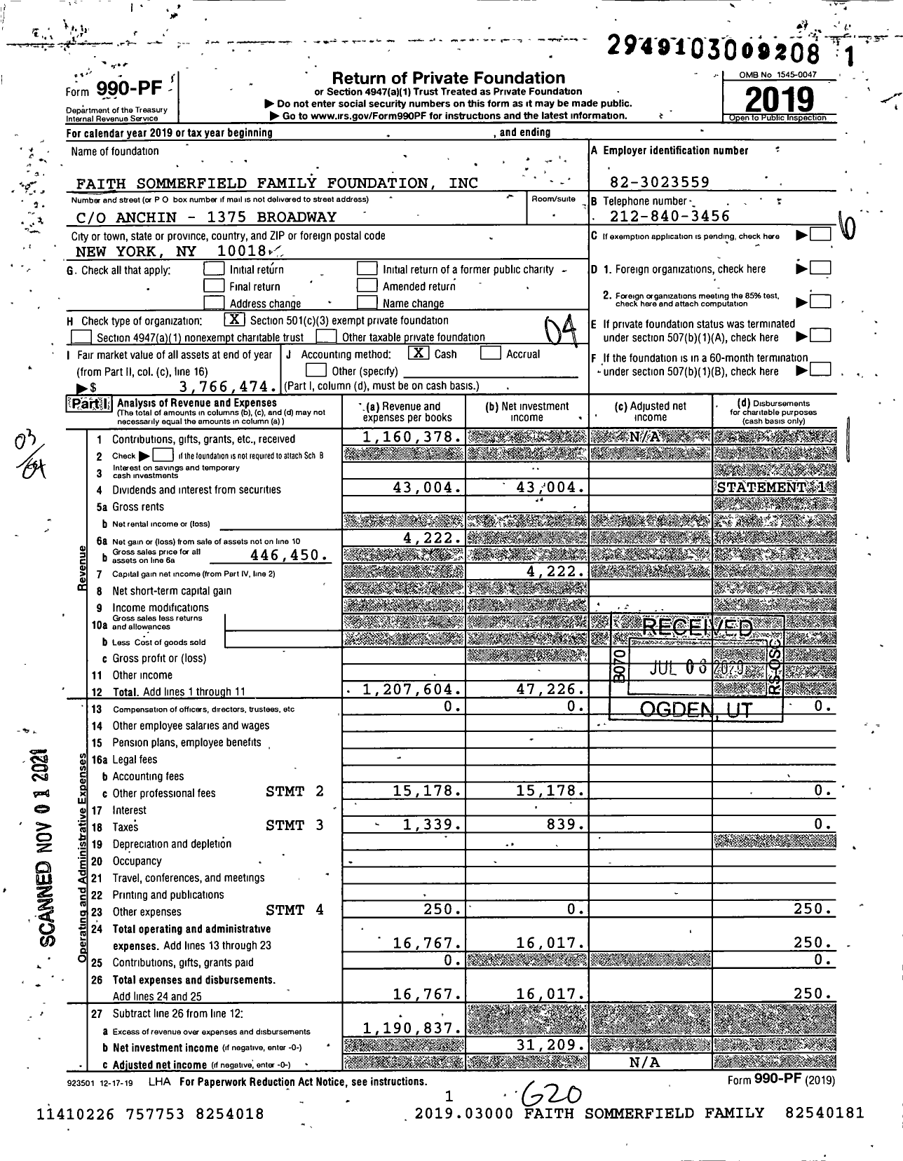 Image of first page of 2019 Form 990PF for Faith Sommerfield Family Foundation