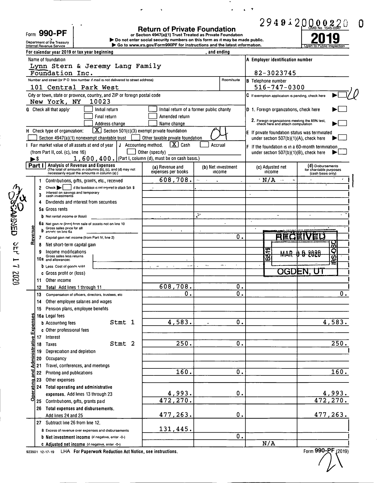 Image of first page of 2019 Form 990PR for Lynn Stern and Jeremy Lang Family Foundation